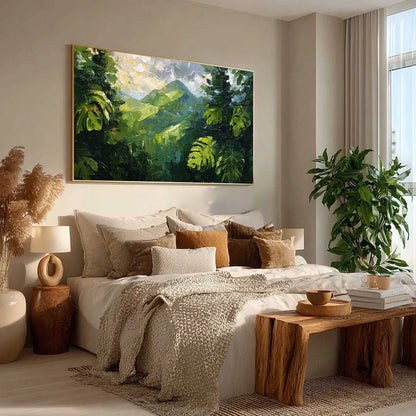 EMERALD ESCAPE: Lush Impasto Painting of a Verdant Mountain Valley | green palette, original Hand-painted on premium stretched canvas using artist-grade oils; rich layered surface combines smooth g...
