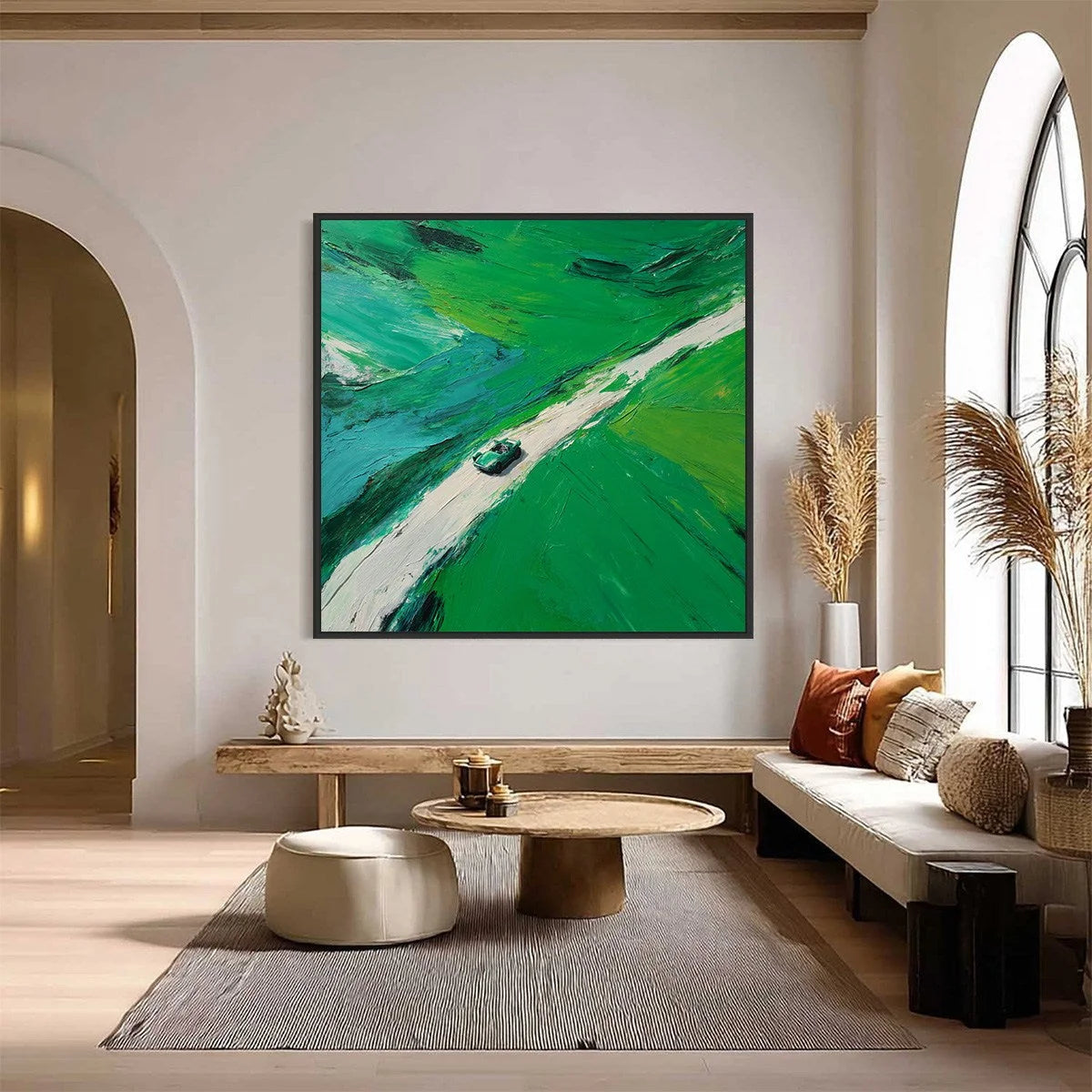 EMERALD ESCAPE: Textured Aerial View Painting of a Vintage Sports Car | Abstract closeup, raised brushwork detail