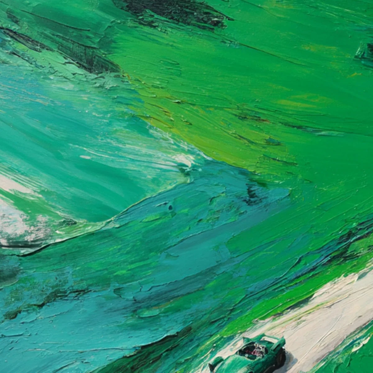EMERALD ESCAPE: Textured Aerial View Painting of a Vintage Sports Car | rectangular format, hand-painted canvas edge