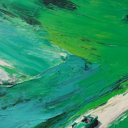EMERALD ESCAPE: Textured Aerial View Painting of a Vintage Sports Car | rectangular format, hand-painted canvas edge
