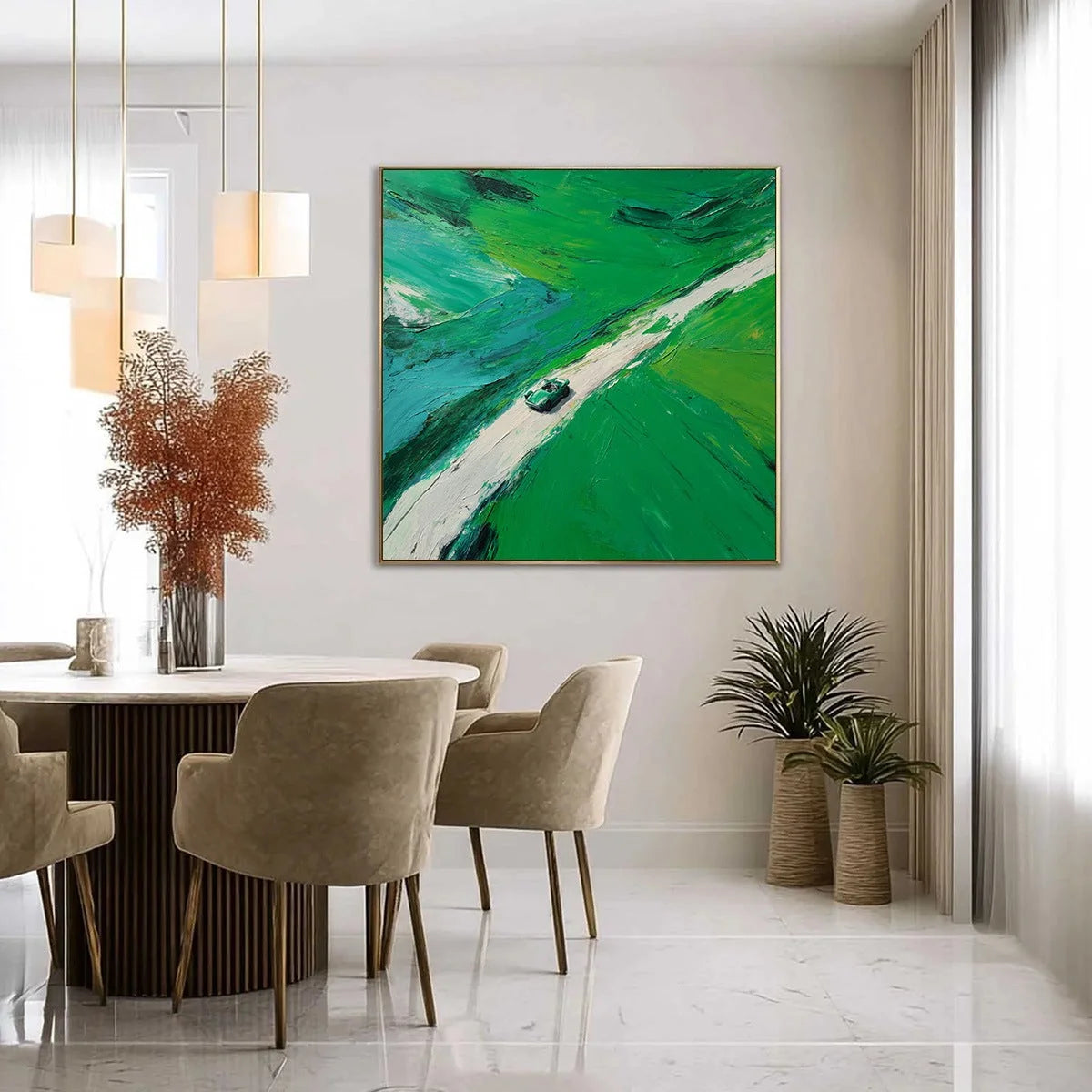 EMERALD ESCAPE: Textured Aerial View Painting of a Vintage Sports Car | gold frame stretched on neutral wall