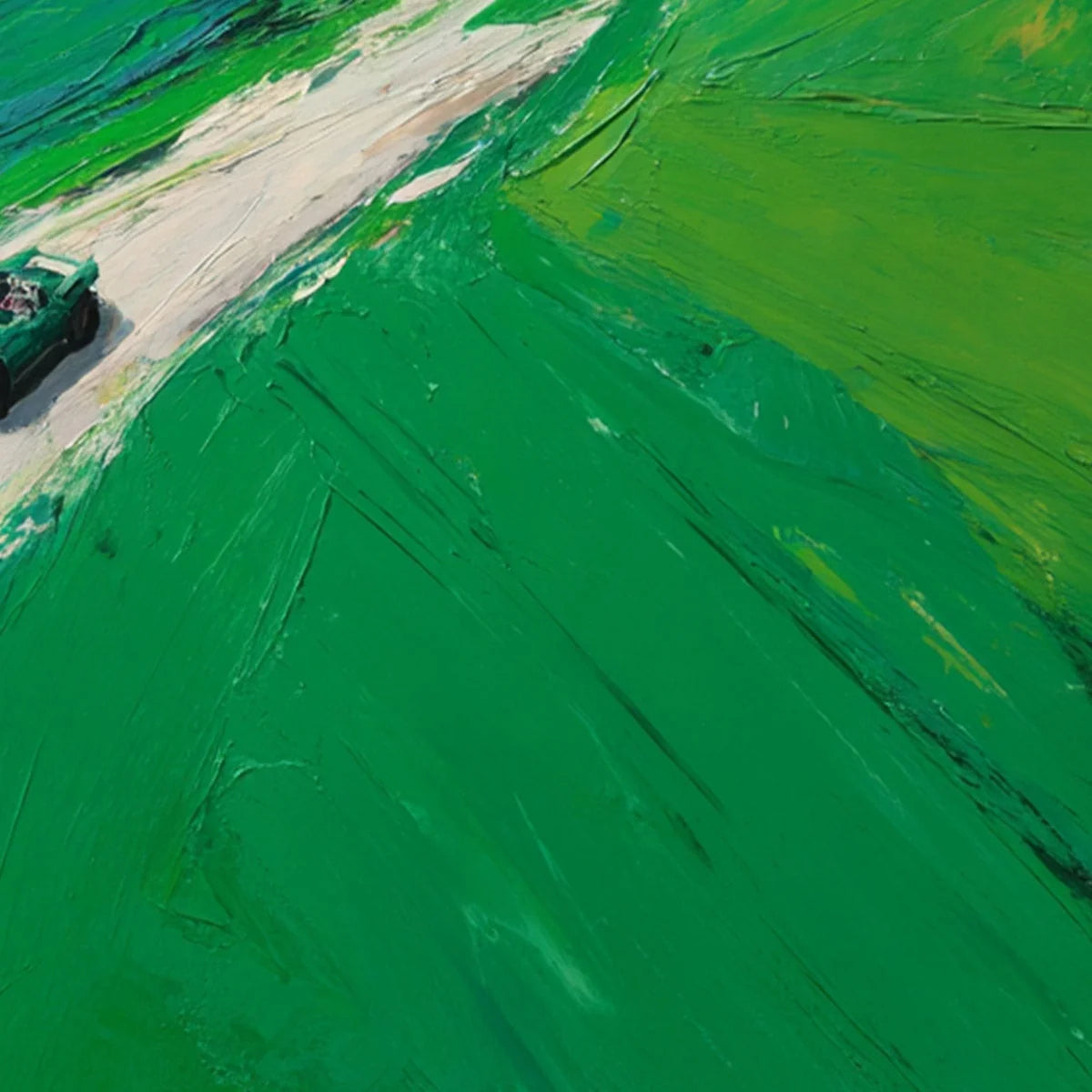 EMERALD ESCAPE: Textured Aerial View Painting of a Vintage Sports Car | rolled canvas, ready for custom framing