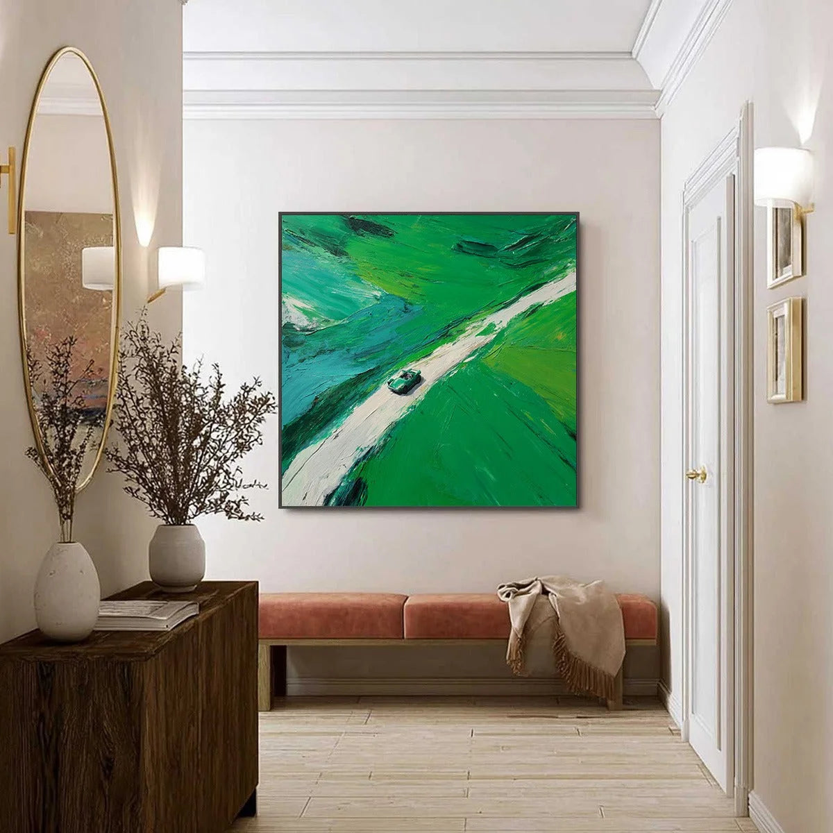 EMERALD ESCAPE: Textured Aerial View Painting of a Vintage Sports Car | black frame version on white wall