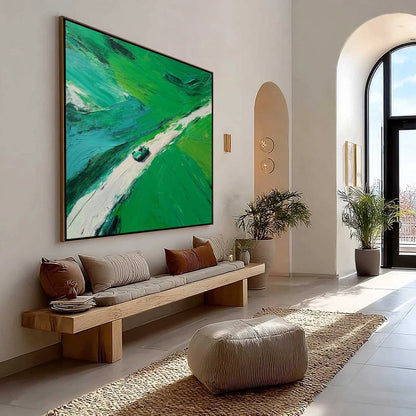 EMERALD ESCAPE: Textured Aerial View Painting of a Vintage Sports Car | Abstract mood, soft natural light studio shot