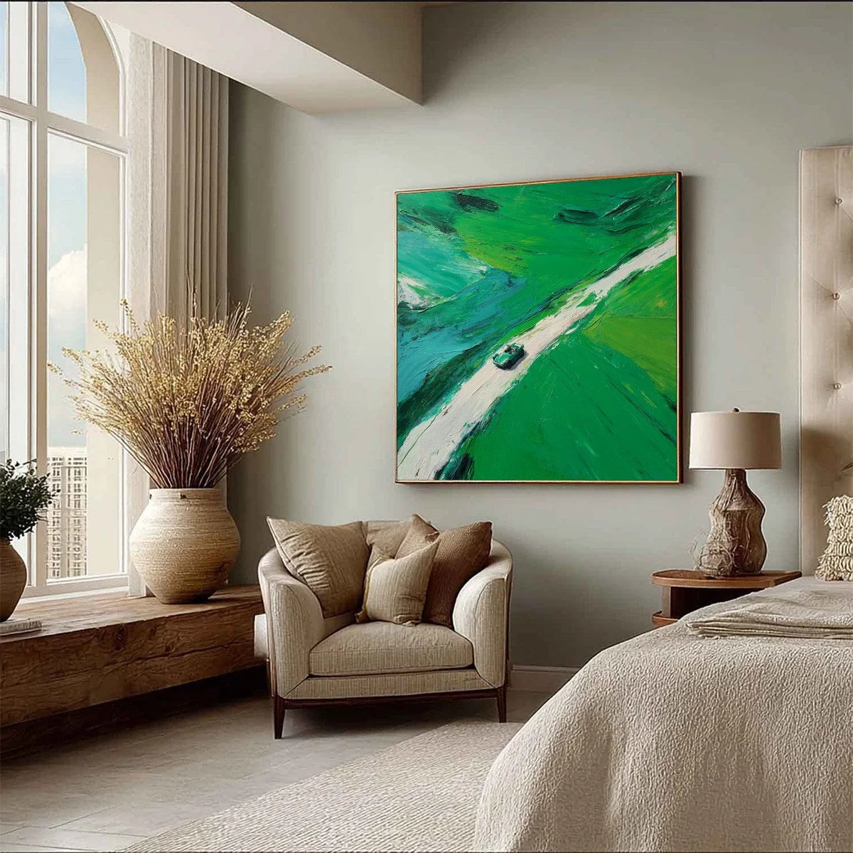 EMERALD ESCAPE: Textured Aerial View Painting of a Vintage Sports Car | green palette, original Hand-painted on premium stretched canvas using artist-grade oils; rich layered surface combines smoot...