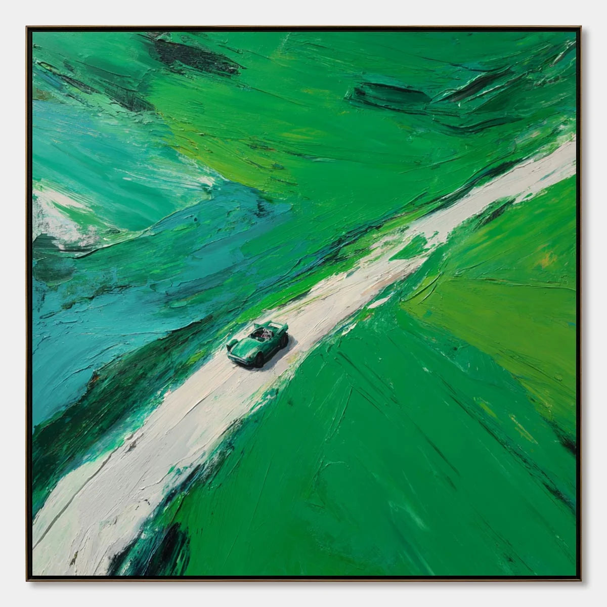 EMERALD ESCAPE: Textured Aerial View Painting of a Vintage Sports Car | hanging in EMERALD ESCAPE: Textured Aerial View Painting of a Vintage Sports Car featuring layered textured brushwork in refi...