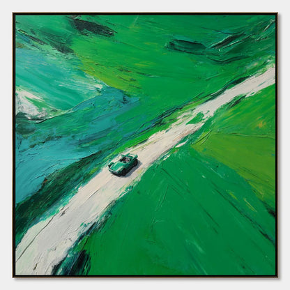 EMERALD ESCAPE: Textured Aerial View Painting of a Vintage Sports Car | hanging in EMERALD ESCAPE: Textured Aerial View Painting of a Vintage Sports Car featuring layered textured brushwork in refi...