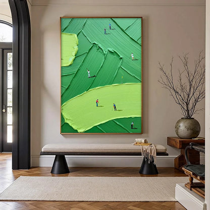 EMERALD FAIRWAY: Textured Impasto Golf Scene Painting | gold frame stretched on neutral wall
