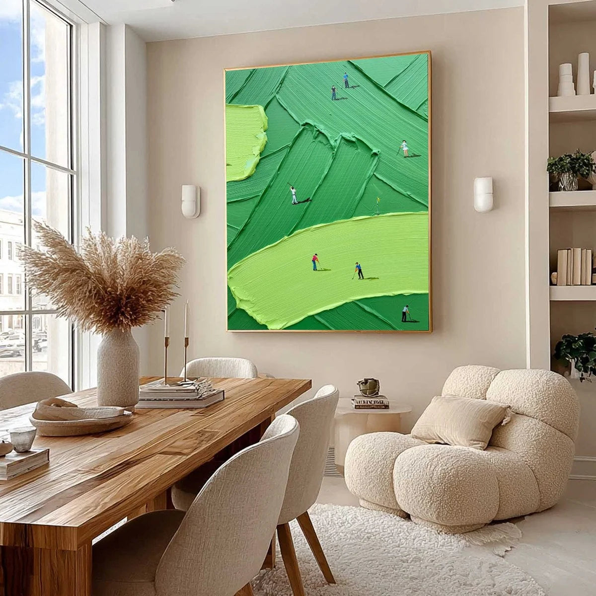 EMERALD FAIRWAY: Textured Impasto Golf Scene Painting | Abstract mood, soft natural light studio shot