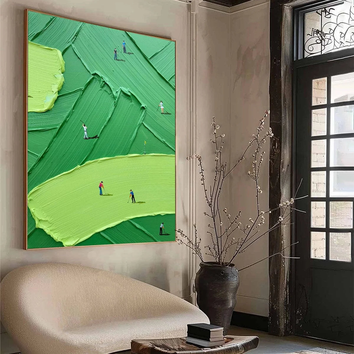 EMERALD FAIRWAY: Textured Impasto Golf Scene Painting | green palette, original Hand-painted on premium stretched canvas using artist-grade oils; rich layered surface combines smooth gradients with...