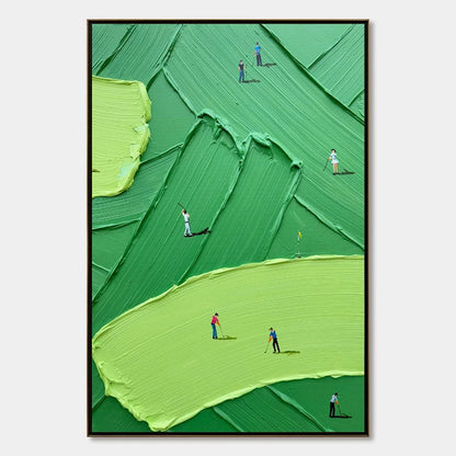 EMERALD FAIRWAY: Textured Impasto Golf Scene Painting | hanging in EMERALD FAIRWAY: Textured Impasto Golf Scene Painting featuring layered textured brushwork in refined tones; abstract composition ...