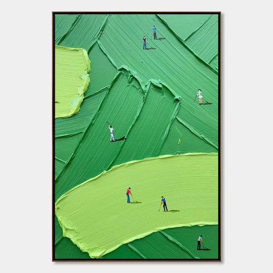 EMERALD FAIRWAY: Textured Impasto Golf Scene Painting | hanging in EMERALD FAIRWAY: Textured Impasto Golf Scene Painting featuring layered textured brushwork in refined tones; abstract composition ...