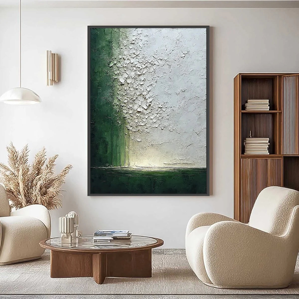 EMERALD FALL: Large Green and White Textured Wabi Sabi Abstract Painting | Abstract closeup, raised brushwork detail