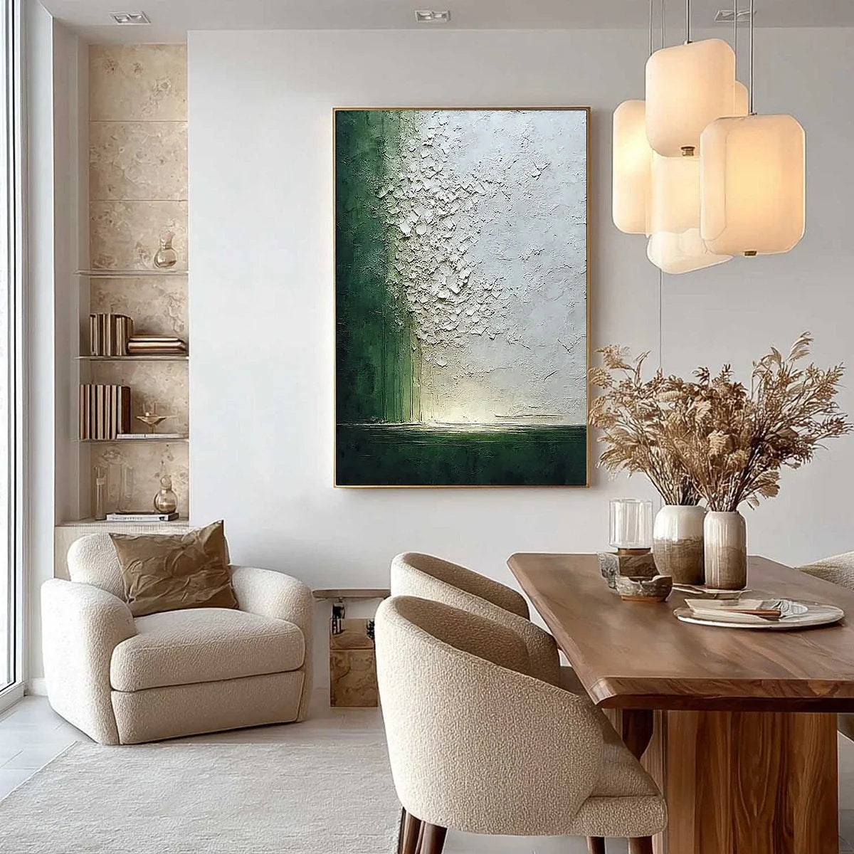 EMERALD FALL: Large Green and White Textured Wabi Sabi Abstract Painting | gold frame stretched on neutral wall