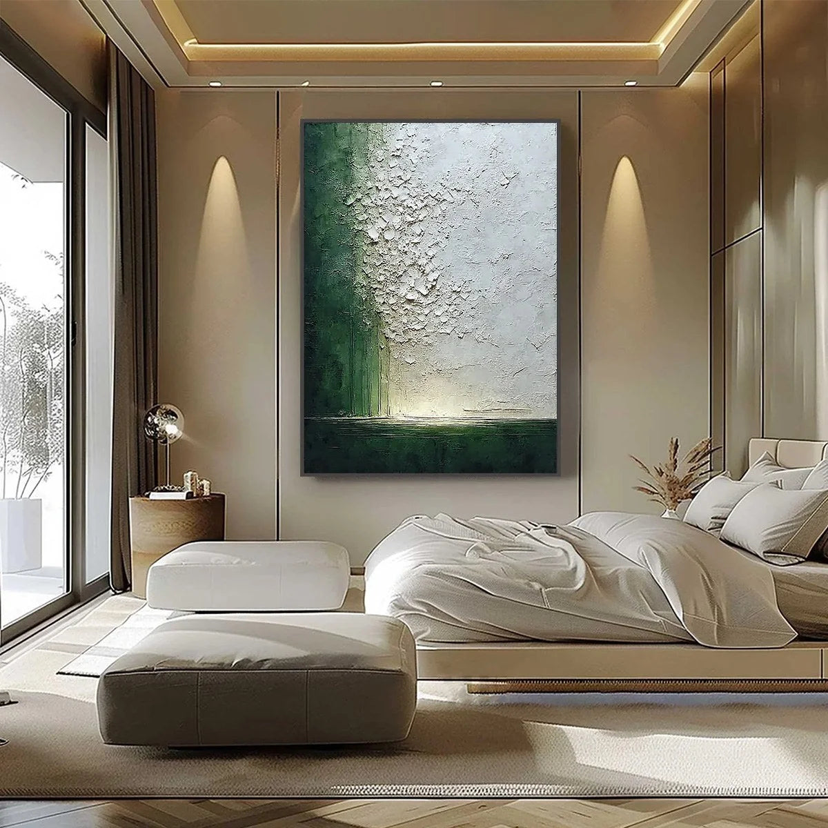 EMERALD FALL: Large Green and White Textured Wabi Sabi Abstract Painting | black frame version on white wall