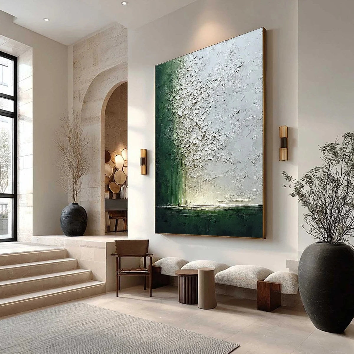 EMERALD FALL: Large Green and White Textured Wabi Sabi Abstract Painting | Abstract mood, soft natural light studio shot
