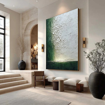 EMERALD FALL: Large Green and White Textured Wabi Sabi Abstract Painting | Abstract mood, soft natural light studio shot