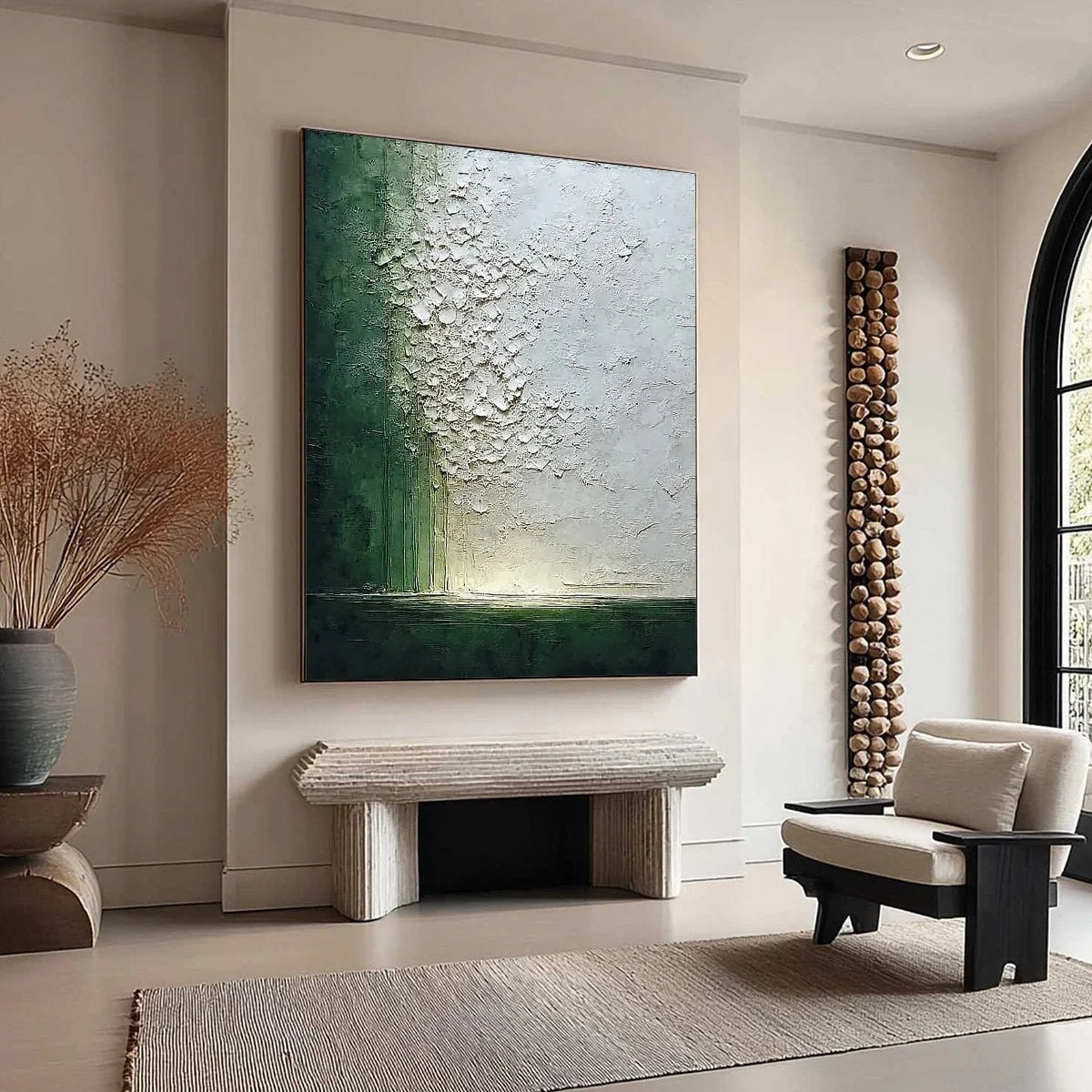 EMERALD FALL: Large Green and White Textured Wabi Sabi Abstract Painting | green palette, original Hand-painted on premium stretched canvas using artist-grade oils; rich layered surface combines sm...