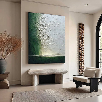 EMERALD FALL: Large Green and White Textured Wabi Sabi Abstract Painting | green palette, original Hand-painted on premium stretched canvas using artist-grade oils; rich layered surface combines sm...