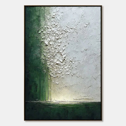 EMERALD FALL: Large Green and White Textured Wabi Sabi Abstract Painting | hanging in EMERALD FALL: Large Green and White Textured Wabi Sabi Abstract Painting featuring layered textured brushwork i...