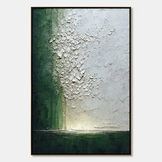 EMERALD FALL: Large Green and White Textured Wabi Sabi Abstract Painting | hanging in EMERALD FALL: Large Green and White Textured Wabi Sabi Abstract Painting featuring layered textured brushwork i...
