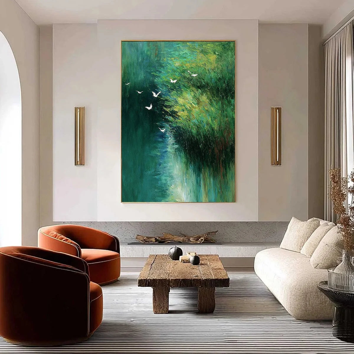 EMERALD FLIGHT: Abstract Green Forest & Birds Textured Oil Painting | Abstract closeup, raised brushwork detail