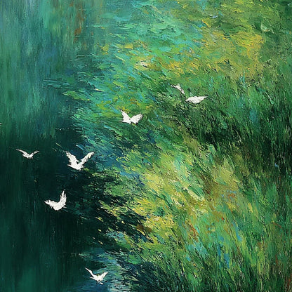 EMERALD FLIGHT: Abstract Green Forest & Birds Textured Oil Painting | rectangular format, hand-painted canvas edge