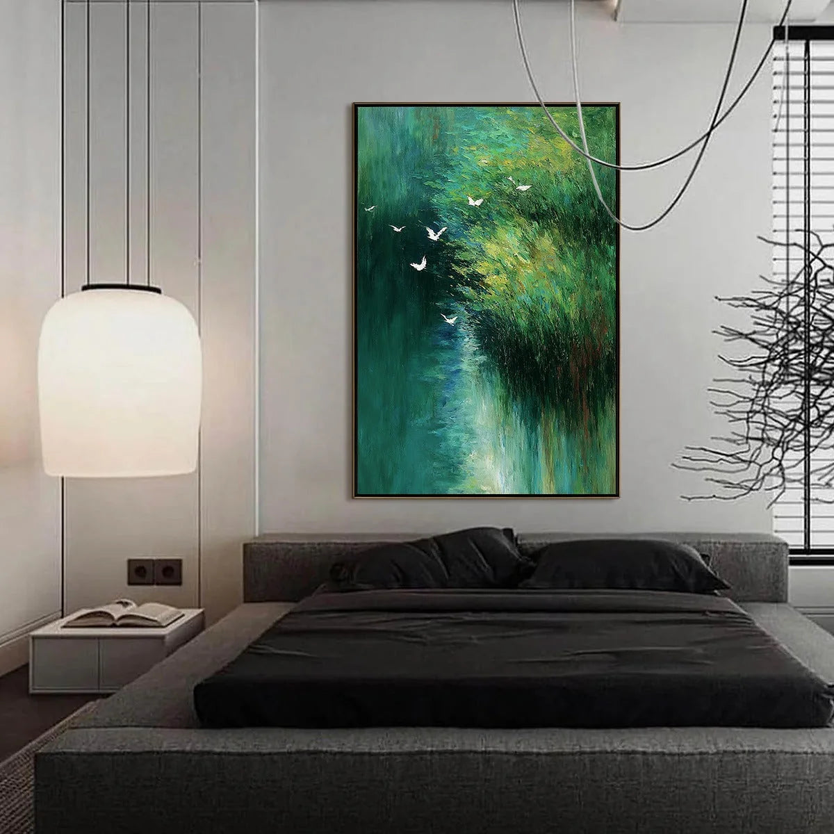 EMERALD FLIGHT: Abstract Green Forest & Birds Textured Oil Painting | gold frame stretched on neutral wall