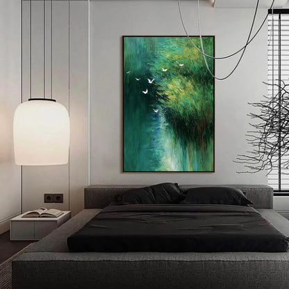 EMERALD FLIGHT: Abstract Green Forest & Birds Textured Oil Painting | gold frame stretched on neutral wall