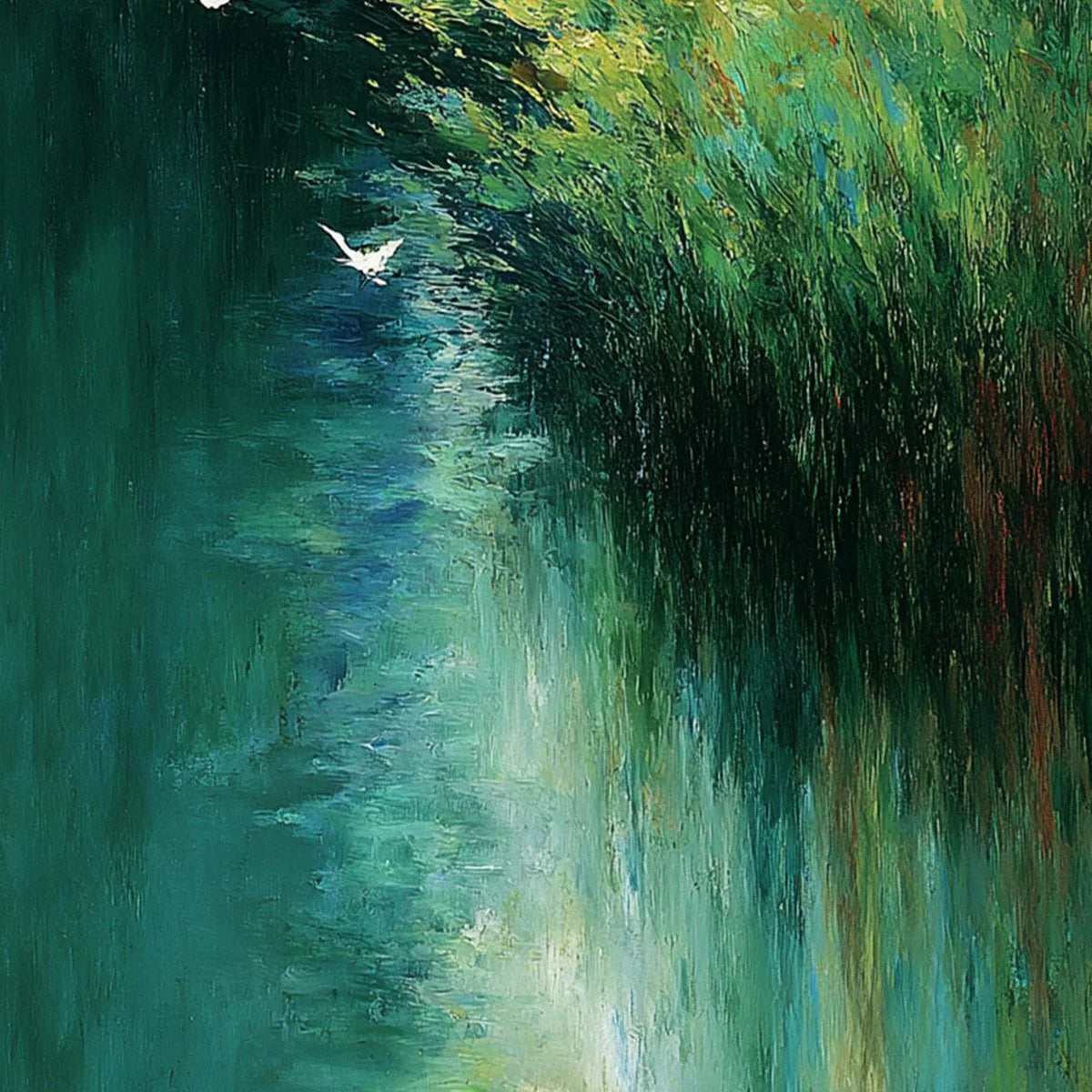 EMERALD FLIGHT: Abstract Green Forest & Birds Textured Oil Painting | rolled canvas, ready for custom framing