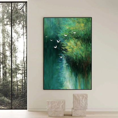 EMERALD FLIGHT: Abstract Green Forest & Birds Textured Oil Painting | black frame version on white wall
