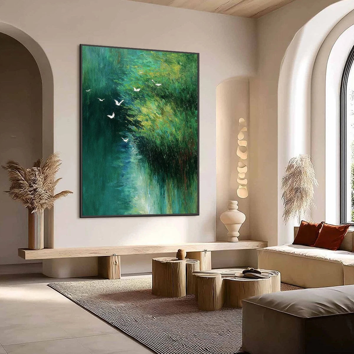 EMERALD FLIGHT: Abstract Green Forest & Birds Textured Oil Painting | Abstract mood, soft natural light studio shot