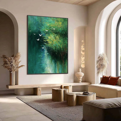 EMERALD FLIGHT: Abstract Green Forest & Birds Textured Oil Painting | Abstract mood, soft natural light studio shot