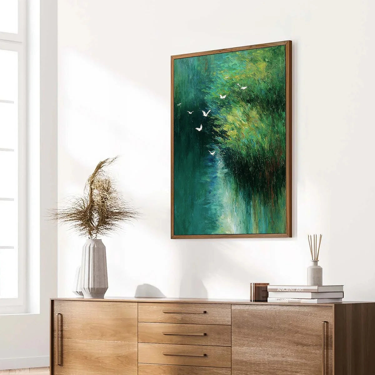 EMERALD FLIGHT: Abstract Green Forest & Birds Textured Oil Painting | green palette, original Hand-painted on premium stretched canvas using artist-grade oils; rich layered surface combines smooth ...