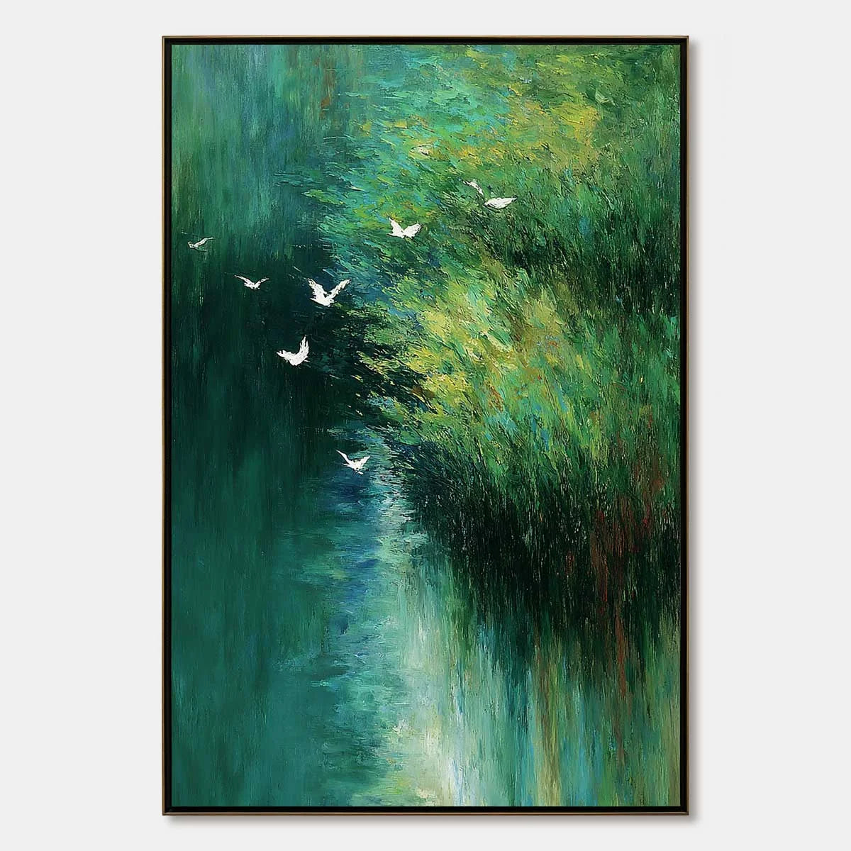 EMERALD FLIGHT: Abstract Green Forest & Birds Textured Oil Painting | hanging in EMERALD FLIGHT: Abstract Green Forest & Birds Textured Oil Painting featuring layered textured brushwork in refined ...