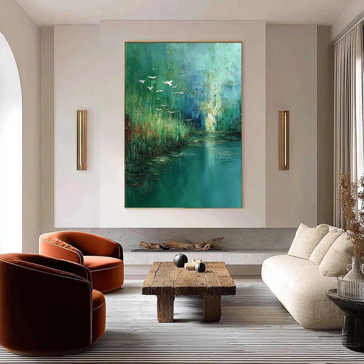 EMERALD FLIGHT: Textured Abstract Landscape Painting of Birds Over a Marsh | Abstract closeup, raised brushwork detail