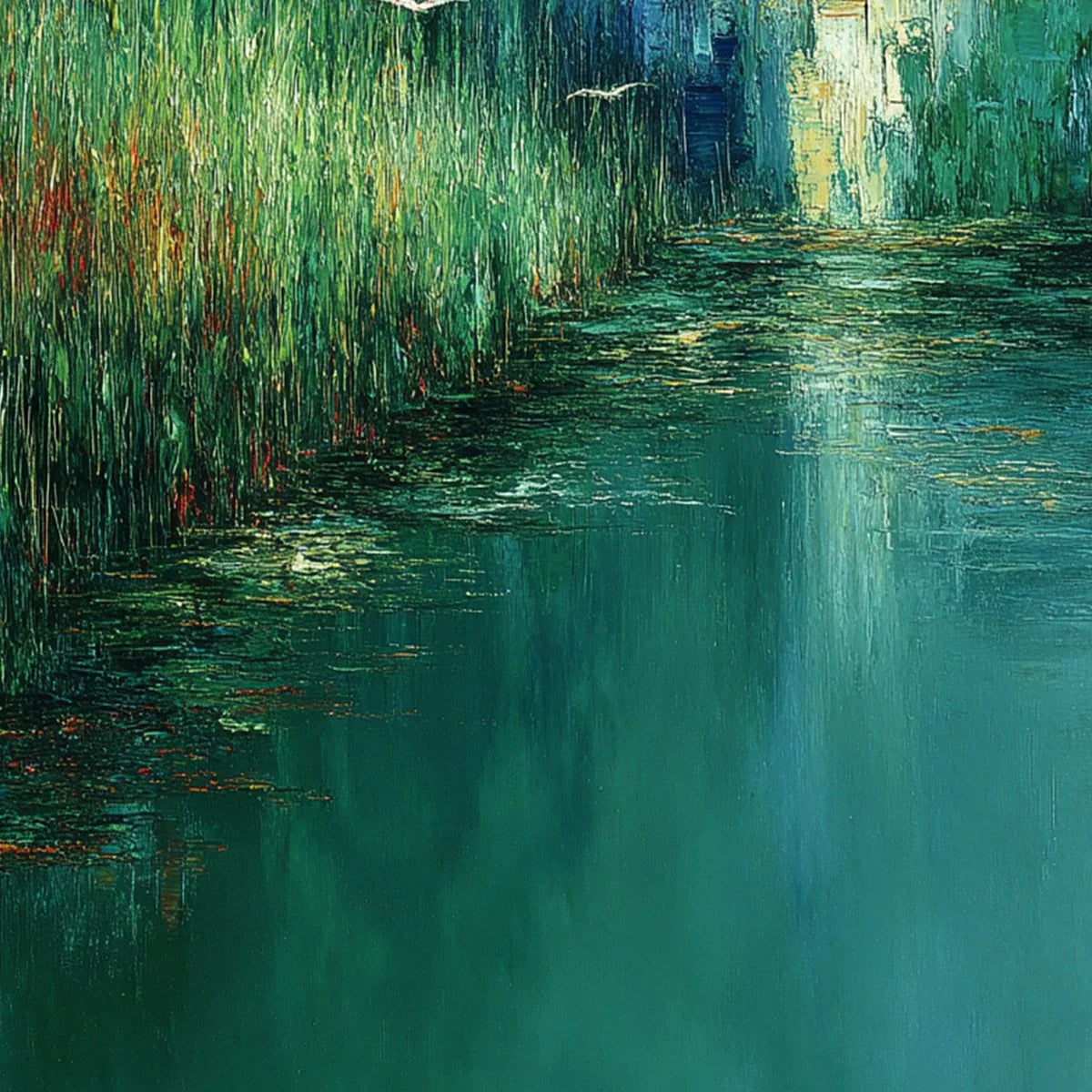 EMERALD FLIGHT: Textured Abstract Landscape Painting of Birds Over a Marsh | rectangular format, hand-painted canvas edge
