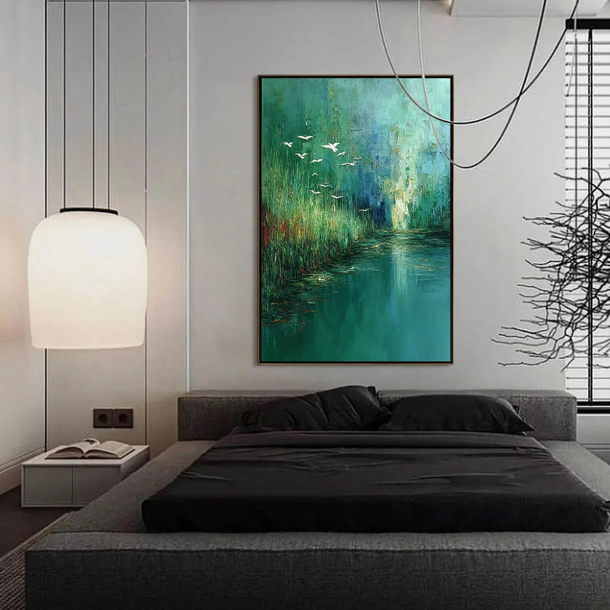 EMERALD FLIGHT: Textured Abstract Landscape Painting of Birds Over a Marsh | gold frame stretched on neutral wall
