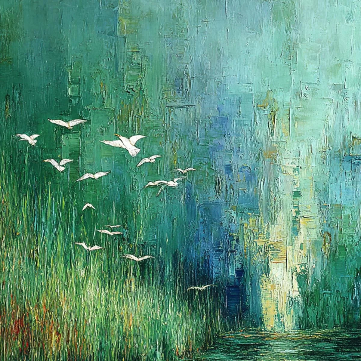 EMERALD FLIGHT: Textured Abstract Landscape Painting of Birds Over a Marsh | rolled canvas, ready for custom framing