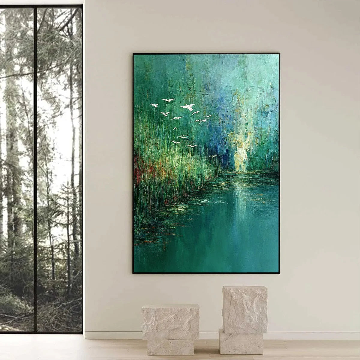 EMERALD FLIGHT: Textured Abstract Landscape Painting of Birds Over a Marsh | black frame version on white wall