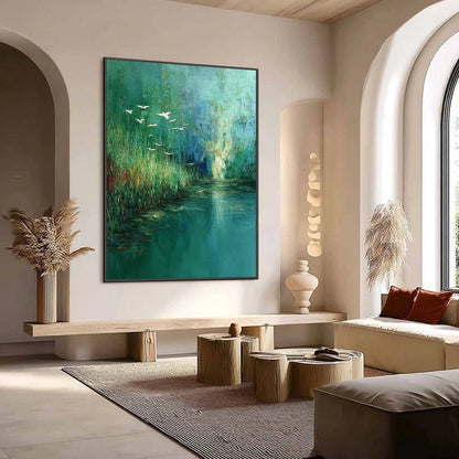 EMERALD FLIGHT: Textured Abstract Landscape Painting of Birds Over a Marsh | Abstract mood, soft natural light studio shot