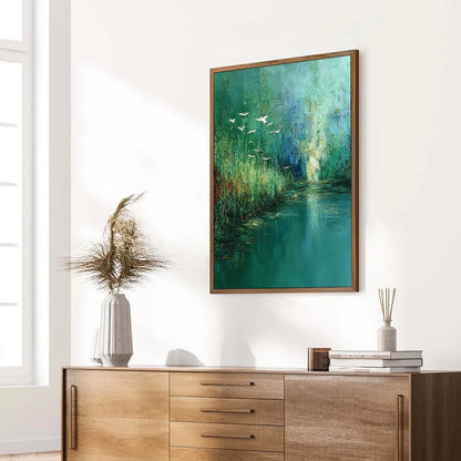 EMERALD FLIGHT: Textured Abstract Landscape Painting of Birds Over a Marsh | green palette, original Hand-painted on premium stretched canvas using artist-grade oils; rich layered surface combines ...
