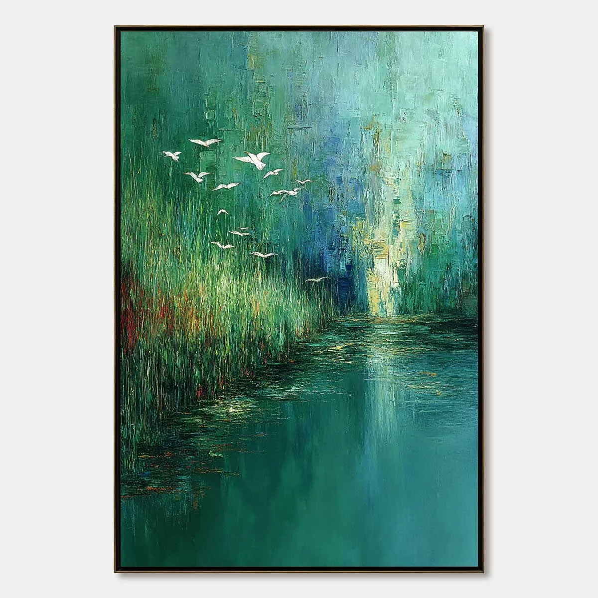 EMERALD FLIGHT: Textured Abstract Landscape Painting of Birds Over a Marsh | hanging in EMERALD FLIGHT: Textured Abstract Landscape Painting of Birds Over a Marsh featuring layered textured brushwo...