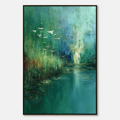 EMERALD FLIGHT: Textured Abstract Landscape Painting of Birds Over a Marsh | hanging in EMERALD FLIGHT: Textured Abstract Landscape Painting of Birds Over a Marsh featuring layered textured brushwo...