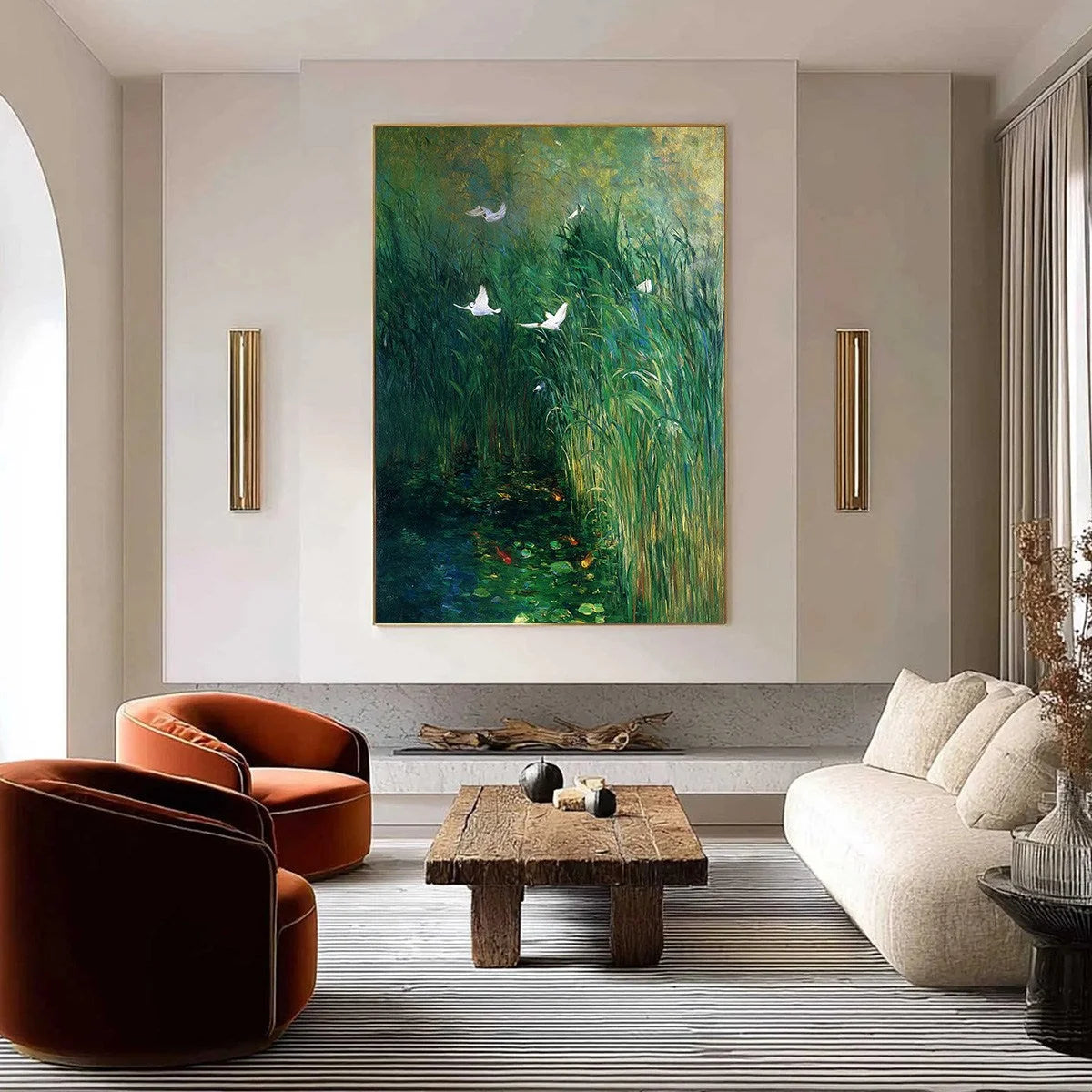 EMERALD FLIGHT: Vibrant Nature Painting of Birds Over a Serene Pond | Abstract closeup, raised brushwork detail