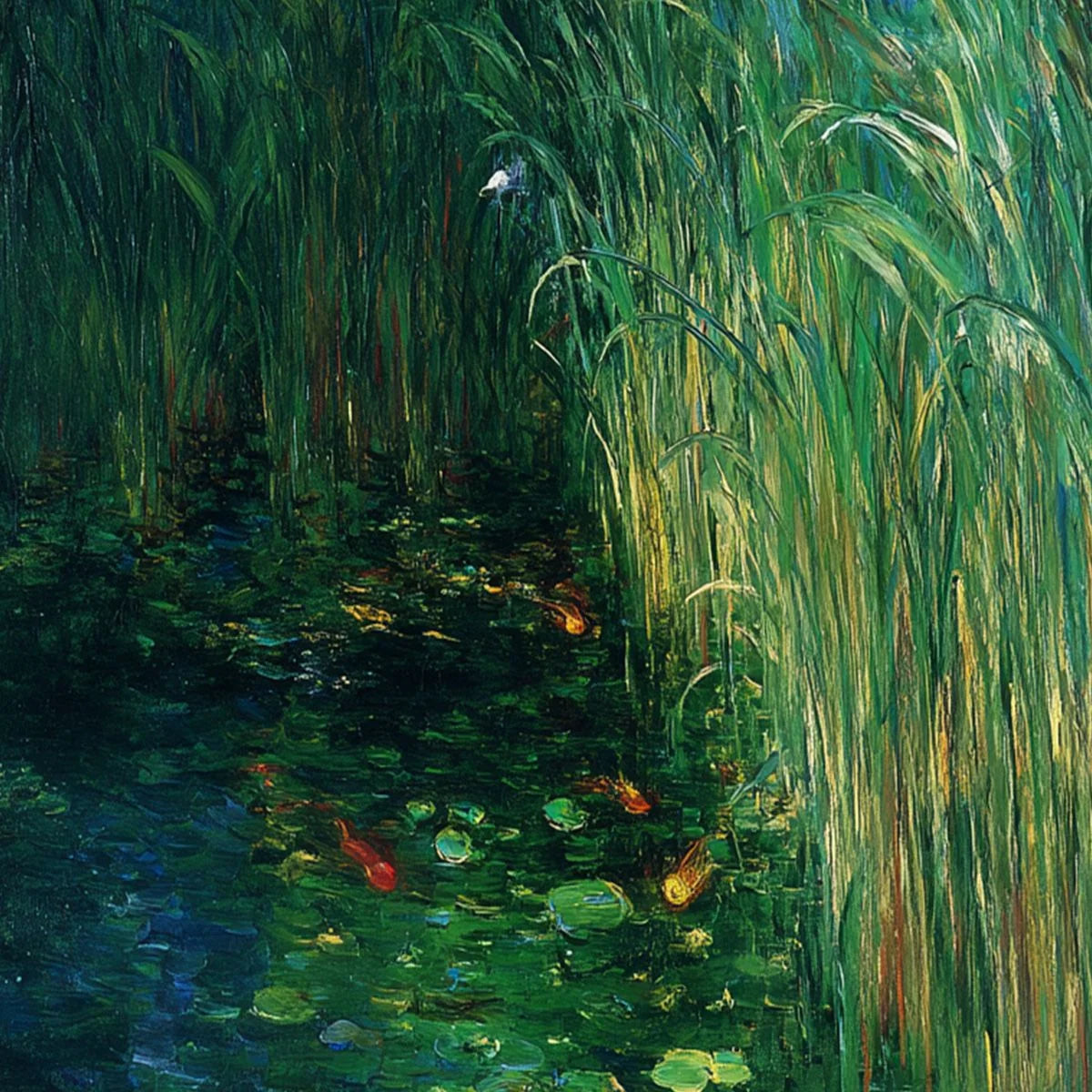 EMERALD FLIGHT: Vibrant Nature Painting of Birds Over a Serene Pond | rectangular format, hand-painted canvas edge