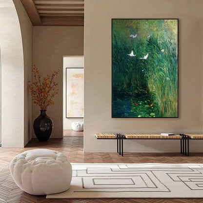 EMERALD FLIGHT: Vibrant Nature Painting of Birds Over a Serene Pond | gold frame stretched on neutral wall