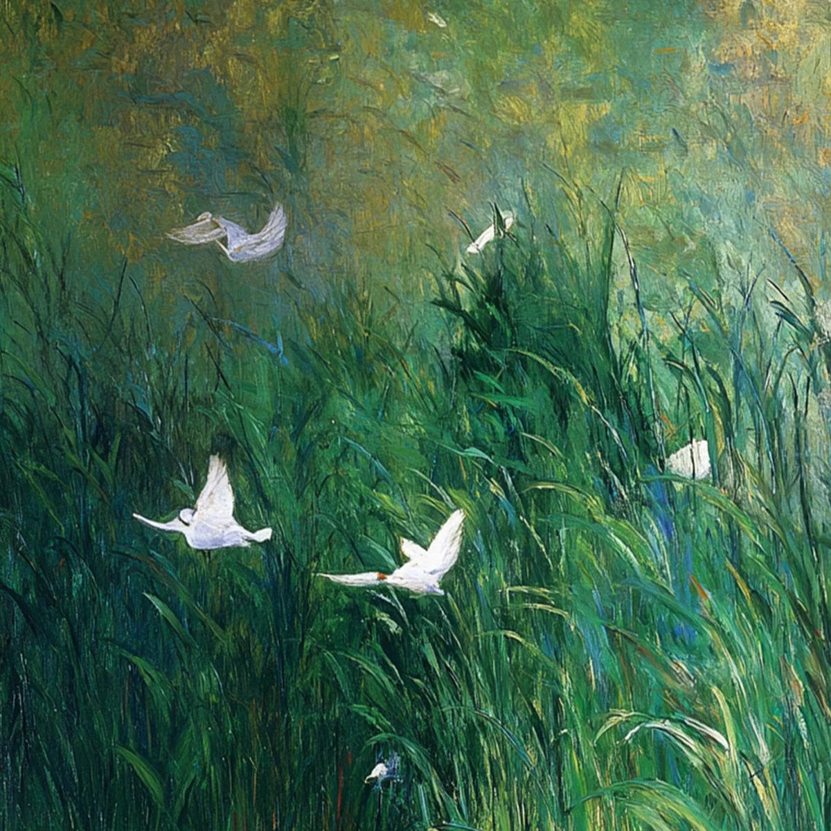 EMERALD FLIGHT: Vibrant Nature Painting of Birds Over a Serene Pond | rolled canvas, ready for custom framing