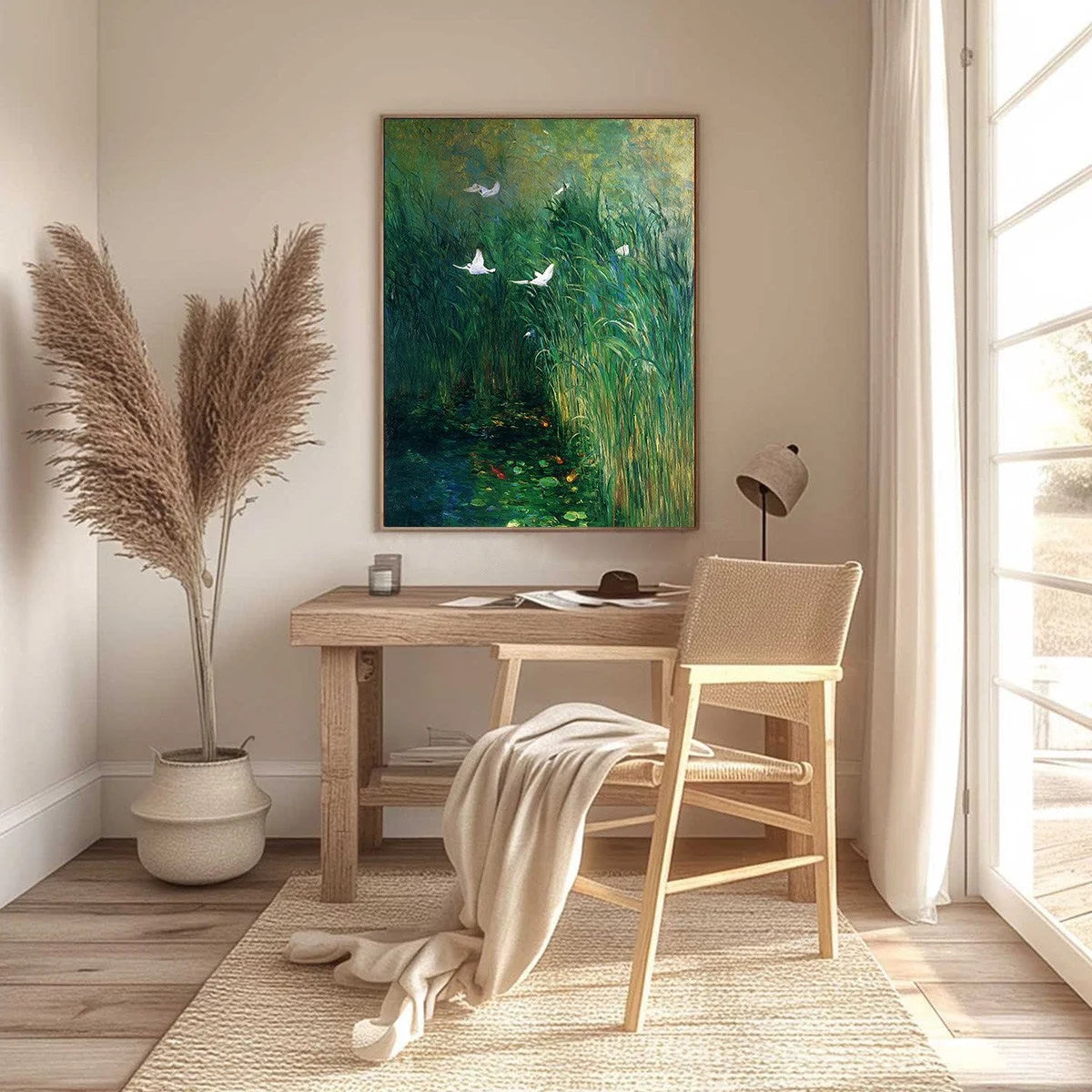 EMERALD FLIGHT: Vibrant Nature Painting of Birds Over a Serene Pond | black frame version on white wall
