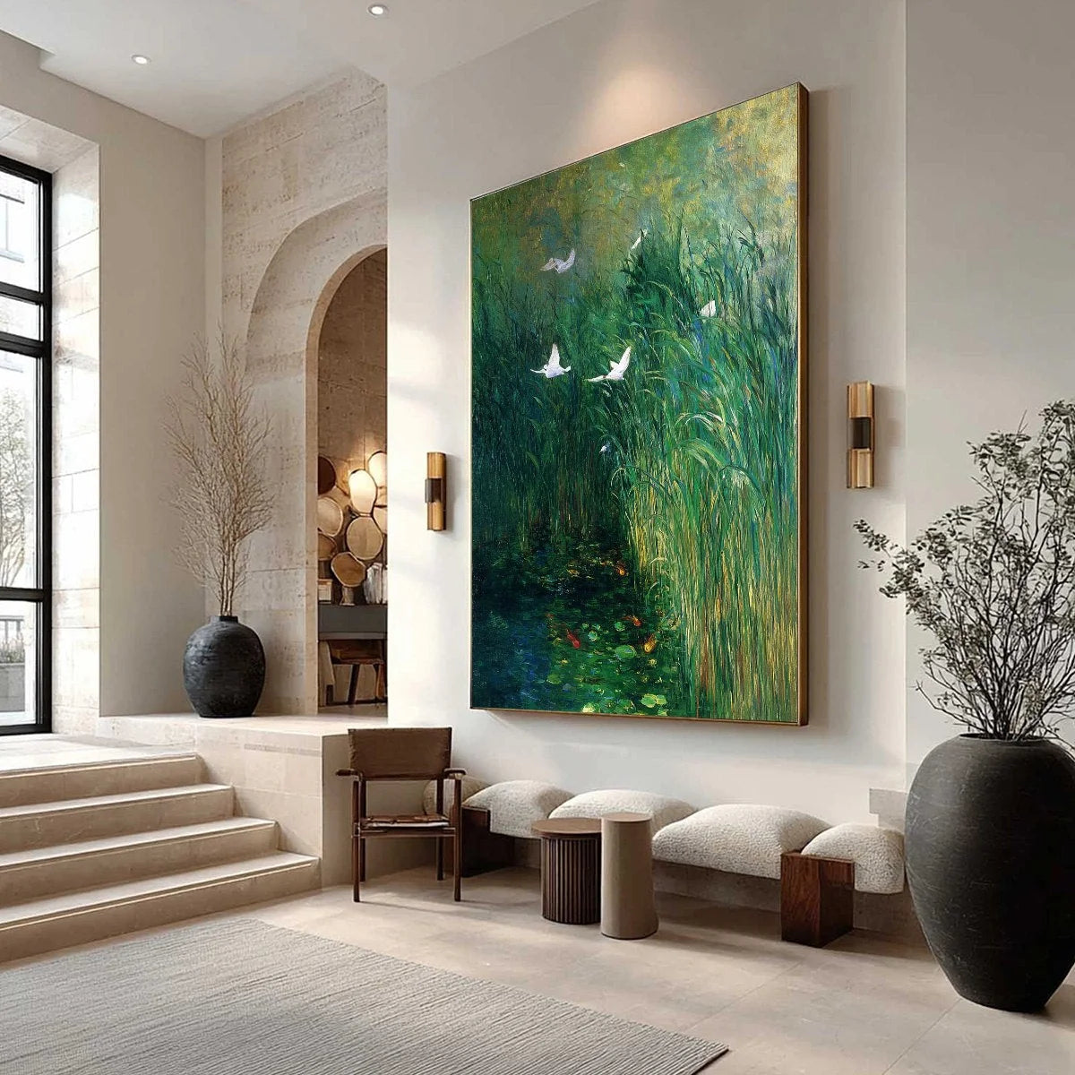 EMERALD FLIGHT: Vibrant Nature Painting of Birds Over a Serene Pond | Abstract mood, soft natural light studio shot